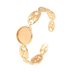 Golden 304 Stainless Steel Coffee Bean Chain Cuff Bracelet Blanks with Flat Round Bezel Settings, Ion Plating(IP), Long-Lasting Plated, Golden, Tray: 16mm,  Inner Diameter: 1.85x2.36 inch(4.7x6cm)