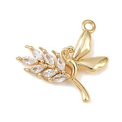 Настоящее золото 18K Латунные микропаве прозрачные подвески с фианитом, пшеница с бабочкой, без кадмия, без никеля и без свинца, реальный 18 k позолоченный, 15x16x3 мм, отверстие : 1.2 мм