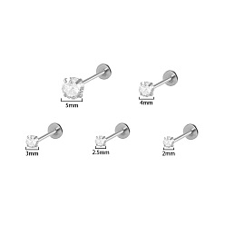 Нержавеющая Сталь Цвет 304 серьги из прозрачного циркониевого хряща из нержавеющей стали с микропаве, плоско-круглые, цвет нержавеющей стали, 8x3 мм, штифты : 0.8 мм