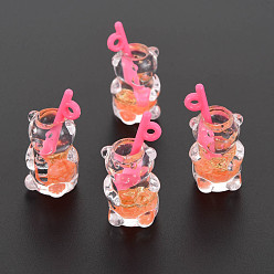 Оранжевый Подвески из прозрачной смолы, имитирующие чай с пузырьками, Полимерная глина внутри, с акриловой чашкой и золотой фольгой, медведь, оранжевые, 28.5~31.5x14x13 мм, отверстие : 1.8 мм