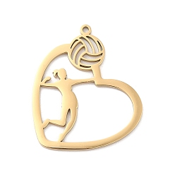Золотой 304 подвески из нержавеющей стали, лазерная резка, сердце с подвеской волейболиста, золотые, 30.5x29x1.5 мм, отверстие : 1.4 мм