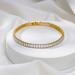 Golden 304 Stainless Steel Pave Rectangle Clear Cubic Zirconia Tennis Bracelets for Women, Golden, 8.66 inch(22cm)