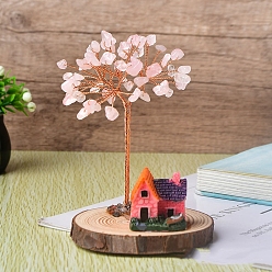 Розовый Кварц Крошка из натурального розового кварца украшение дерево жизни, с домом из смолы, деревянные подвалы с медной проволокой фэн-шуй энергетический камень подарок для женщин мужчин медитация, 60x100 мм