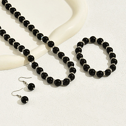 Черный Шикарные комплекты из стеклянных круглых бусин, ожерелий и браслетов, а также серег-подвесок для женщин, чёрные, ожерелья: 17.32 дюйм (44 см)