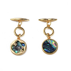 Real 18K Gold Plated Brass Micro Pave Clear Cubic Zirconia Toggle Clasps, with Synthetic Abalone Shell/Paua Shell, Nickel Free, Flat Round with Star, Real 18K Gold Plated, 35mm, Hole: 1mm