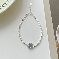 Светлый Стально-синий 925 Браслеты из стерлингового серебра с натуральным аквамарином и бусинами для женщин, самородки, светло-стальной синий