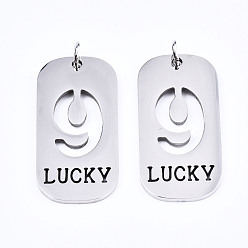 Number Non-Tarnish 201 Stainless Steel Pendants, Laser Cut, with Jump Rings, Rectangle with Number and Word LUCKY, Stainless Steel Color, Num.9, 35x17x1.5mm, Jump Ring: 6x1mm, Inner Diameter: 4mm