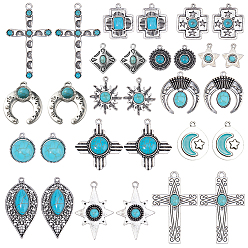 Античное Серебро 30шт 15 стили подвески из синтетической бирюзы, со сплавочной фурнитурой, звезда двойной рог крест, разнообразные, античное серебро, 17~52.5x14.5~34x3~8 мм, отверстие : 1~2.8 мм, 2 шт / стиль