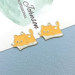 Оранжевый Подвески из эмали и сплава, золотые, кот с книжным шармом, оранжевые, 18x26 мм