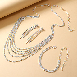 Серебро Многослойные ожерелья, серьги-гвоздики и браслеты-цепочки из сплава с кристаллами и стразами, серебряные, 450 мм
