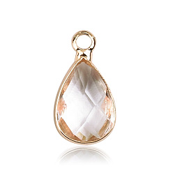 Прозрачный Граненые подвески стекла, с латунной фурнитурой , кулоны из камня, слезинки, золотые, прозрачные, 13.5x7.5x4 мм, отверстие : 1.6 мм