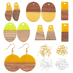 Yellow DIY Dangle Earring Making Kits, 12Pcs 6 Style Opaque Resin & Walnut Wood Pendants, Oval & Trapezoid & Rectangle & Flat Round, 36Pcs 2 Colors Brass Earring Hooks and 3.48G 2 Colors Brass Jump Rings, Yellow