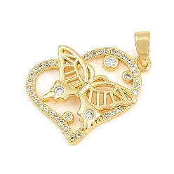 Golden Brass Micro Pave Clear Cubic Zirconia Pendants, Heart with Butterfly Charms, Golden, 17x21x3mm, Hole: 5x3mm