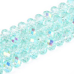 Бирюза Прозрачные стеклянные бусины, рондель, с половиным покрытием, с покрытием AB цвета, граненые, бирюзовые, 8x6.5~7 мм, отверстие : 1.2~1.4 мм, около 64~65 шт / нитка, 16.34~16.54 дюйм (41.5~42 см)