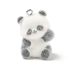 White Flocky Opaque Resin Pendants, with Platinum Iron Loops, Panda Charms, White, 28x22x16mm, Hole: 2mm