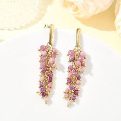 Pink 304 Stainless Steel with Natural Mixed Gemstone Stud Earrings, Round, Tassel Earrings, Golden, Pink, 57mm