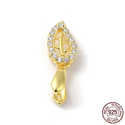 Real 18K Gold Plated Rack Plating 925 Sterling Silver Ice Pick Pinch Bails, with Micro Pave Clear Cubic Zirconia, Leaf, with S925 Stamp, Real 18K Gold Plated, 16x6mm, Hole: 4.5x2mm, Pin: 0.9mm