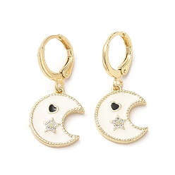 White Moon & Star Golden Brass Dangle Leverback Earrings, with Enamel and Cubic Zirconia, White, 28x13mm