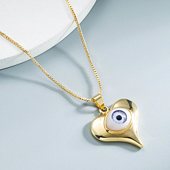 Lilac Brass Pendant Necklaces, Box Chain Necklaces, Heart with Evil Eye, Lilac, 16.65 inch(423mm)