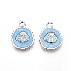 Светло-Голубой 304 подвески из нержавеющей стали, с эмалью, плоский круглый с подвесками из ракушек, цвет нержавеющей стали, Небесно-голубой, 16.5x12.5x2 мм, отверстие : 2.5 мм