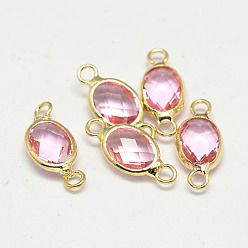 Flamingo Oval Faceted Golden Brass Glass Links connectors, Flamingo, 15x7x3.2mm, Hole: 1mm