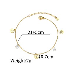 Прозрачный Богемный стиль 304 браслеты на лодыжку из нержавеющей стали с подвесками в виде солнечных лучей и плоских круглых фианитов, реальный 18 k позолоченный, прозрачные, 8-1/4 дюйм (210 мм)