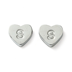 Letter S Устойчивые к потускнению 316l хирургические шарики из нержавеющей стали, Любовное сердце с бусинкой в виде буквы, цвет нержавеющей стали, Письмо с, 5.5x6.5x2.5 мм, отверстие : 1.4 мм
