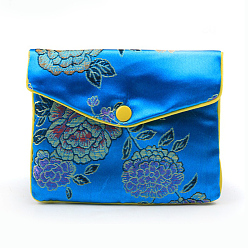Озёрно--синий Прямоугольные тканевые мешочки на молнии в китайском стиле, с цветочным узором и кнопкой, Плут синий, 10x12 см