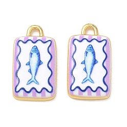 Blue Printed Brass Pendants, Rectangle with Fish Charms, Rack Plating, Long-Lasting Plated, Lead Free & Cadmium Free, Real 18K Gold Plated, Blue, 23x12.5x3.5mm, Hole: 2mm