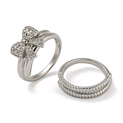 Платина Двойные кольца из латуни с бантом и микро-паве с прозрачным фианитом, для женщин, без кадмия и без свинца, платина, внутренний диаметр: 18 мм, бант : 10.5x13.5 мм, 2 шт / комплект