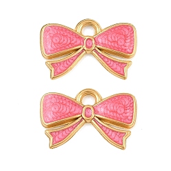 Hot Pink 304 Stainless Steel Enamel Pendants, Bowknot Charms, Ion Plating(IP), Real 18K Gold Plated, Hot Pink, 12x19x2mm, Hole: 2mm