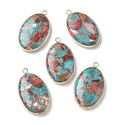 Индийский Красный Подвески из окрашенной синтетической императорской яшмы, овальные амулеты, с латунной, золотые, Индийская красная, 35~36x21~22x6.5~7 мм, отверстие : 2.6~2.8 мм