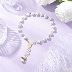 Античное Золото Браслеты с подвесками в виде ангела из сплава в тибетском стиле, браслеты из круглых бусин из перламутрового стекла, с 304 элементами люстры из нержавеющей стали, античное золото , внутренний диаметр: 2-7/8 дюйм(7.3см)подвеска: 22.5x14x8мм