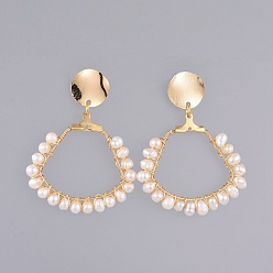 Golden Dangle Stud Earrings, with Natural Pearl, Copper Wire, 304 Stainless Steel Pendants, Brass Ear Stud Findings and Ear Nuts, Fan, Golden, 43.5mm, Pin: 0.7mm
