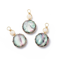 Golden Resin Pendants, with Natural Moonstone Beads and Eco-Friendly Copper Wire Wrapped, Colorful, Half Round Charm, Golden, 38x20.5x6.5mm, Hole: 5mm