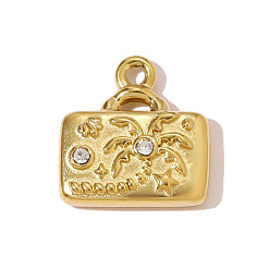 Настоящее золото 18K 304 подвески из нержавеющей стали, прямоугольник с подвесками в виде кокосовой пальмы, со стразами, ионное покрытие (ip), реальный 18 k позолоченный, 13x13 мм