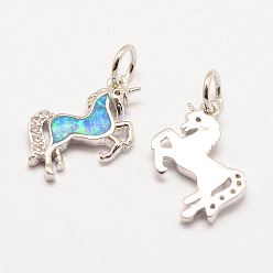 Real Platinum Plated Brass Micro Pave Grade AAA Cubic Zirconia Pendants, with Synthetic Opal, Long-Lasting Plated, Unicorn, Cadmium Free & Nickel Free & Lead Free, Real Platinum Plated, 15x11x2mm, Hole: 3mm