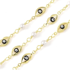 Black Enamel Lip Link Chains, with Glass Seed Beaded and Rack Plating Real 18K Gold Plated Brass Chain, Soldered, with Spools, Long-Lasting Plated, Cadmium Free & Lead Free, Black, 16x5.6x3mm