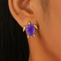 Фиолетовый Серьги шпилька нержавеющая сталь, черепаха, золотые, фиолетовые, 18x14 мм