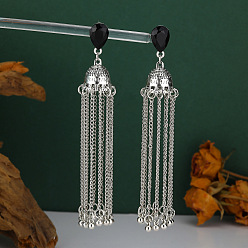 Jet Alloy Rhinestone Chandelier Earrings for Women, Tassel Earrings, Teardrop, Antique Silver, Jet, 106x20mm