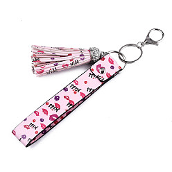 Pink PU Leather Tassel Keychain, with Rhinestone, Plastic, Alloy Lobster Claw Clasps and Iron Split Key Rings, Lip Pattern, Platinum, Pink, 22.7cm