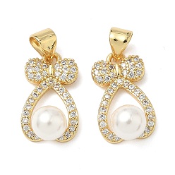 Настоящее золото 18K Подвески из латуни с микропаве из кубических цирконий и искусственный жемчуг из АБС-пластика, бантом, без свинца и без кадмия, долговечный, реальный 18 k позолоченный, 17x10x7 мм, отверстие : 5x3.5 мм