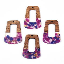 Темная Орхидея Подвески из прозрачной смолы и ореха, золотой фольгой, трапециевидные подвески, темные орхидеи, 37.5x27x3 мм, отверстие : 2 мм