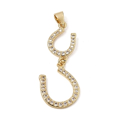 Real 18K Gold Plated Brass Micro Pave Clear Cubic Zirconia Pendants, Horseshoe Charms, Rack Plating, Long-Lasting Plated, Cadmium Free & Lead Free, Real 18K Gold Plated, 37x15x2mm, Hole: 4x3.5mm