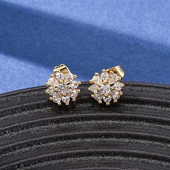 Настоящее золото 18K Серьги-гвоздики из латуни с микропаве из кубического циркония для женщин, цветок, реальный 18 k позолоченный, 8.5x8.5 мм