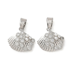 Платина Латунные микро проложить кубического циркония подвески, формы раковины, с абс пластмассовой имитационной жемчужиной, платина, 14.5x15.5x4 мм, отверстие : 3.5x5.5 мм