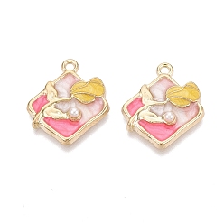 Ярко-Розовый Подвески из эмали и сплава, Подвески в виде ромба и розы, с ABS имитации жемчуга, золотой свет, ярко-розовый, 23x20x4.5 мм, отверстие : 1.8 мм