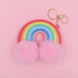 Pink PU Leather Rainbow & Imitation Rabbit Fur Keychain, Big Pendant Decoration, Pink, 20.5cm