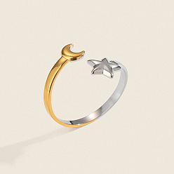 Позолоченный и Цвет Нержавейки 304 регулируемые манжеты из нержавеющей стали с открытыми кольцами для женщин, лунная звезда, настоящее золото и нержавеющая сталь, внутренний диаметр: 18 мм