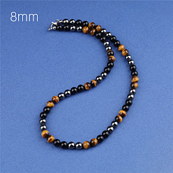 Смешанные камни Ожерелья из круглых бусин из синтетического немагнитного гематита, натурального тигрового глаза и обсидиана для мужчин, платина, 19.69 дюйм (50 см), бусина : 8 mm